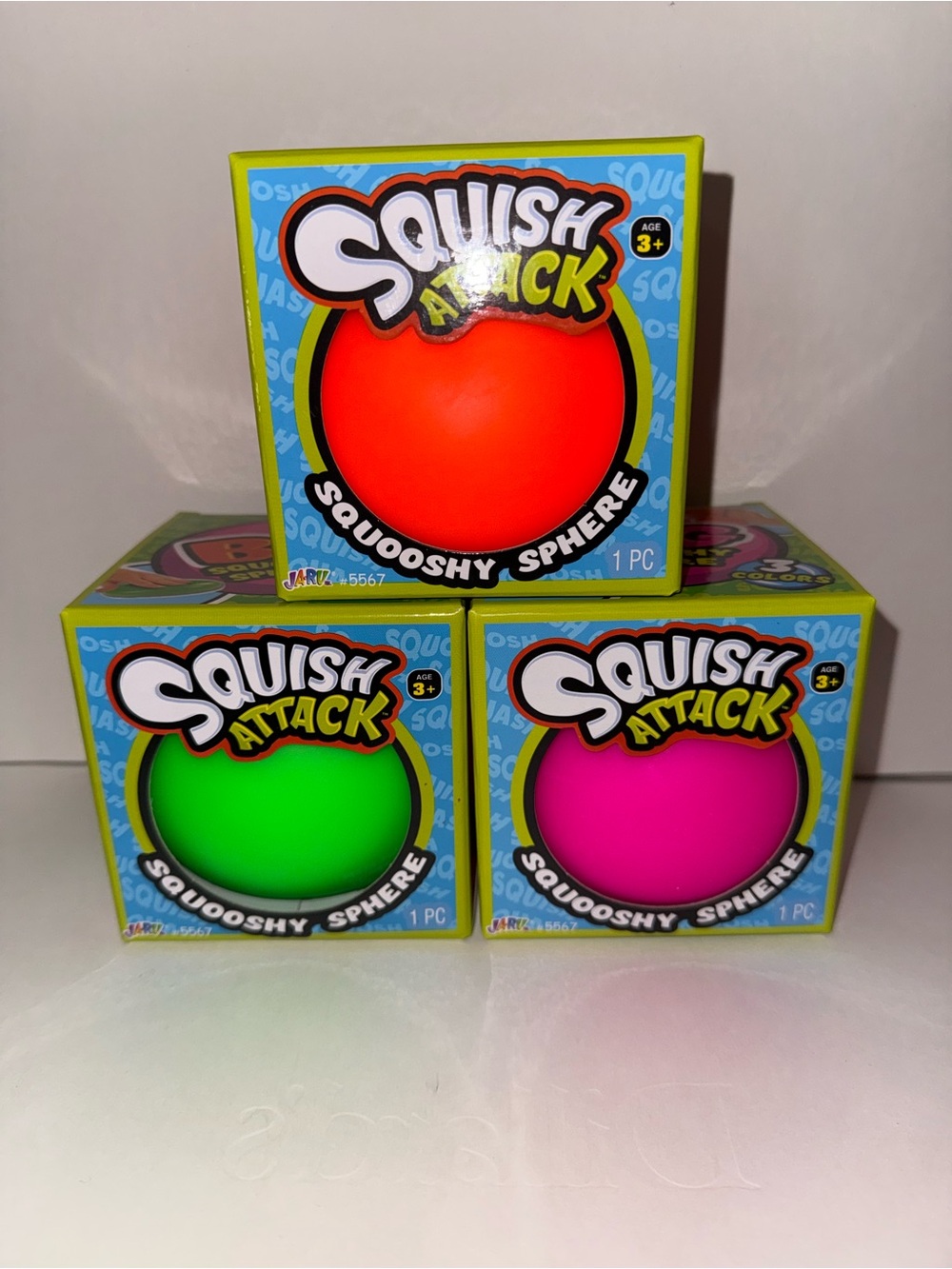 Ja-Ru Squish Attack BIG Squooshy Sphere Squeeze Balls 3-Pack Orange Pink Green S
